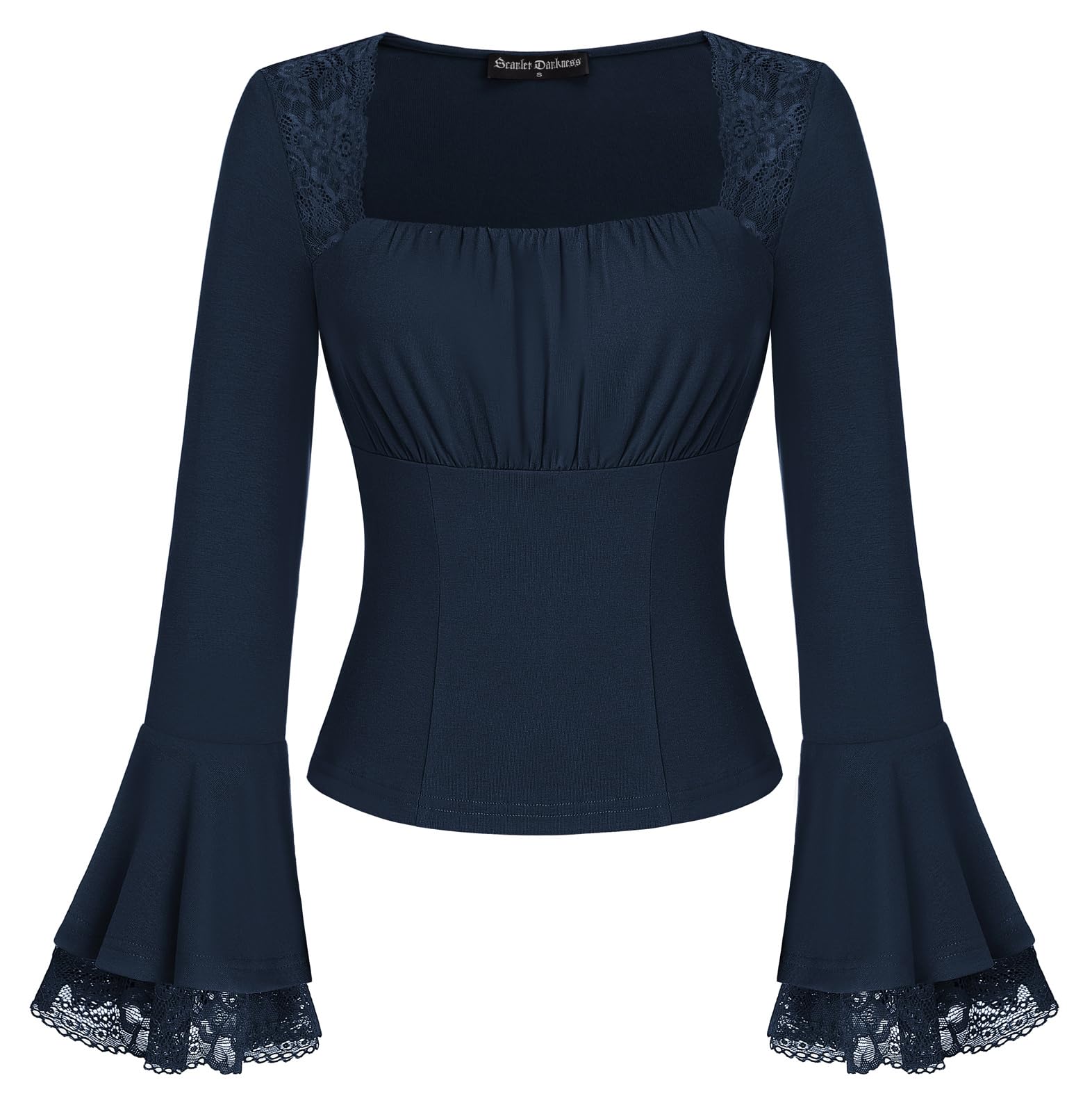 SCARLET DARKNESS Women's Long Sleeve Medieval Blouses Halloween Christmas Gothic Costume Square Neck Slim Fit Lace Tops Dark Blue XL — image 1