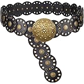 LEACOOLKEY Women's Boho Disc Belt Wide Western Leather Belt Vintage Elastic Waist Belts