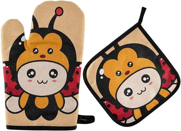 Bonitos Guantes y Porta ollas para Horno de Mariquita de Dibujos