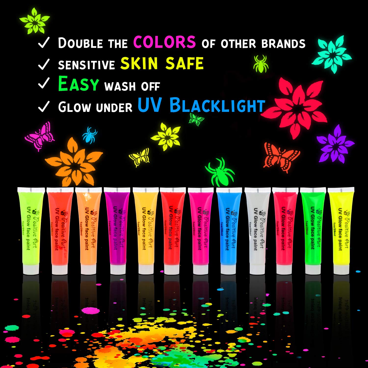 UV Face & Body Paint Kit – 12 Neon Colors (1 oz Each) + 60 Stencils & 3 Brushes | Blacklight Glow Paint, Safe & Washable Body Art for Festivals, Clubs & Parties