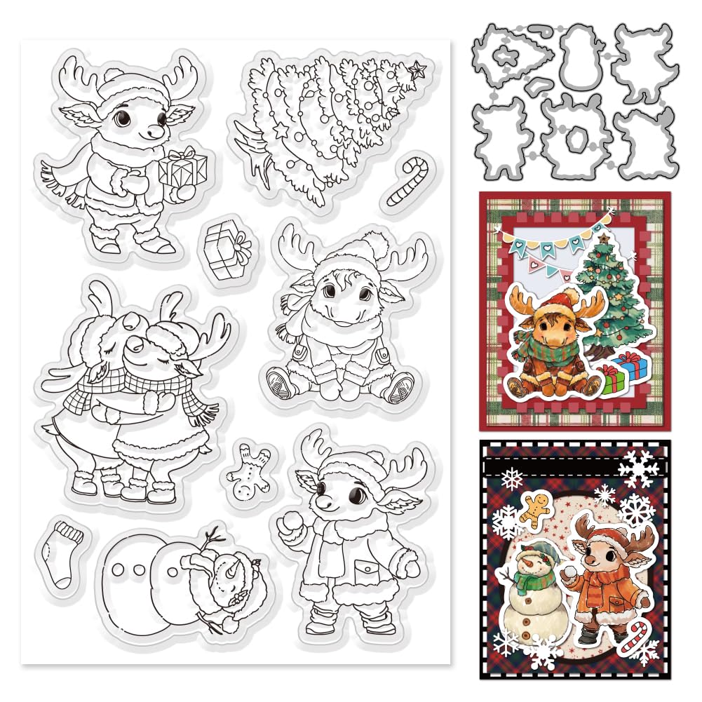 INFUNLY Christmas Reindeer Clear Stamps and Dies for Card Making Elk DIY Metal Die Cuts Elk Silicone Stamp Snowman and Xmas Tree Clear Stamp and Cutting Die for Card Making Craft Scrapbooking Decor