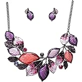 Fenni Jewelry Vintage Statement Jewelry Set Leaf Floral Bohemian Boho Statement Necklace Earring Set Crystal Fashion Costume Jewelry