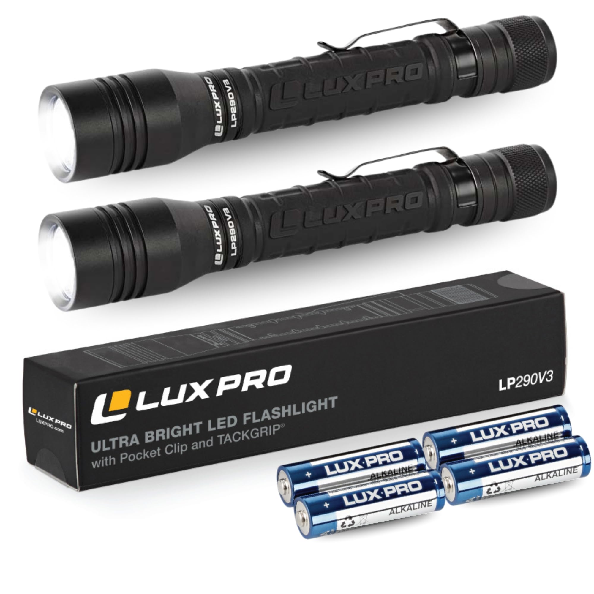 Photo 1 of LUXPRO LP290V3 LED Flashlight - Bright 300 Lumens with 3 Light Modes - Aircraft-Grade Aluminum with IPX4 Waterproof Protection & Patented TackGrip - Camping, Outdoor, Home - Batteries Included 2 Pack