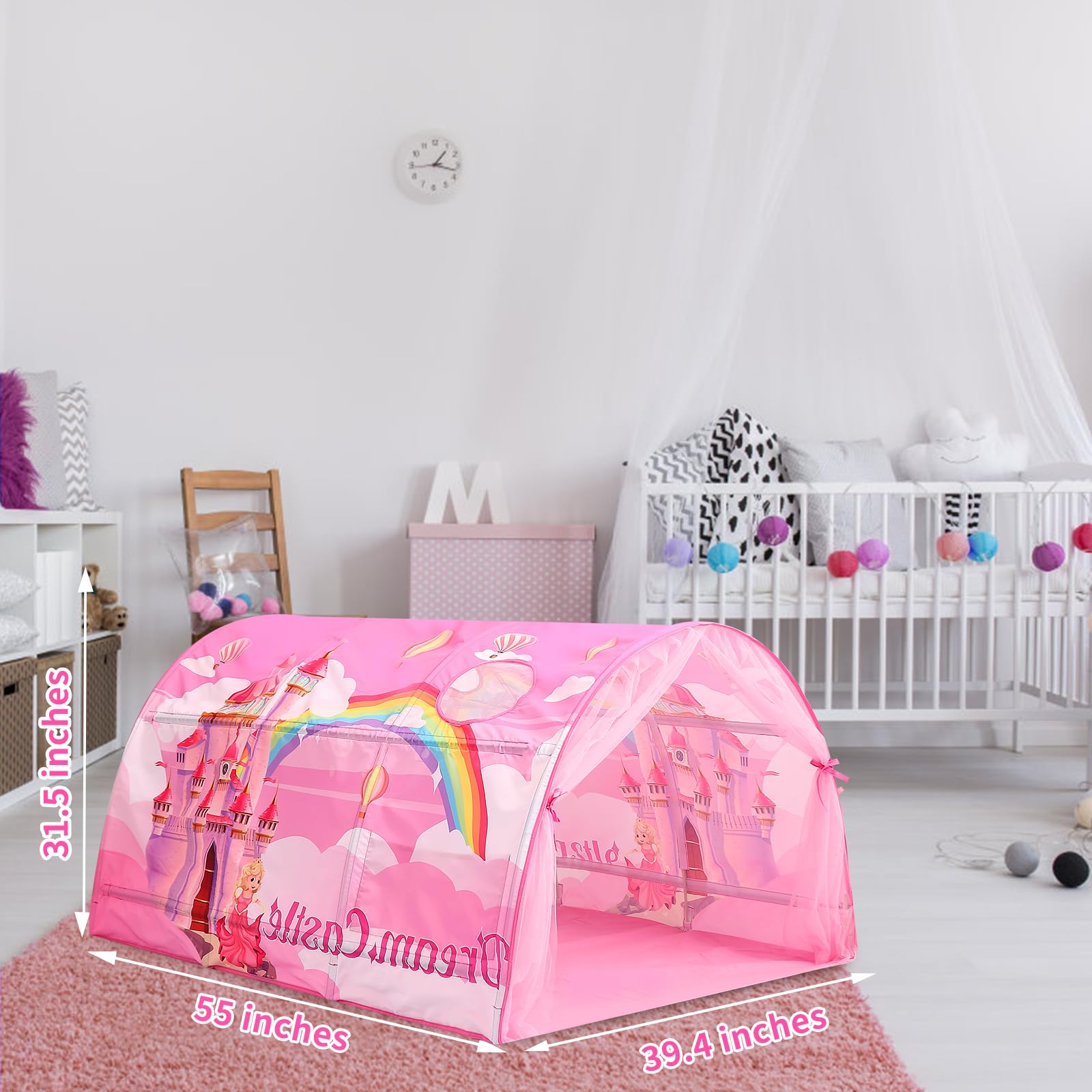 CRAWLBO Kids Bed Tent Twin Beds -Cartoons Wonder Play Tents Boys Girls Ventilated Indoor Play Tent Children Promotes Independent Play, Stimulates Imagination Set-Up Playhouse (Castle