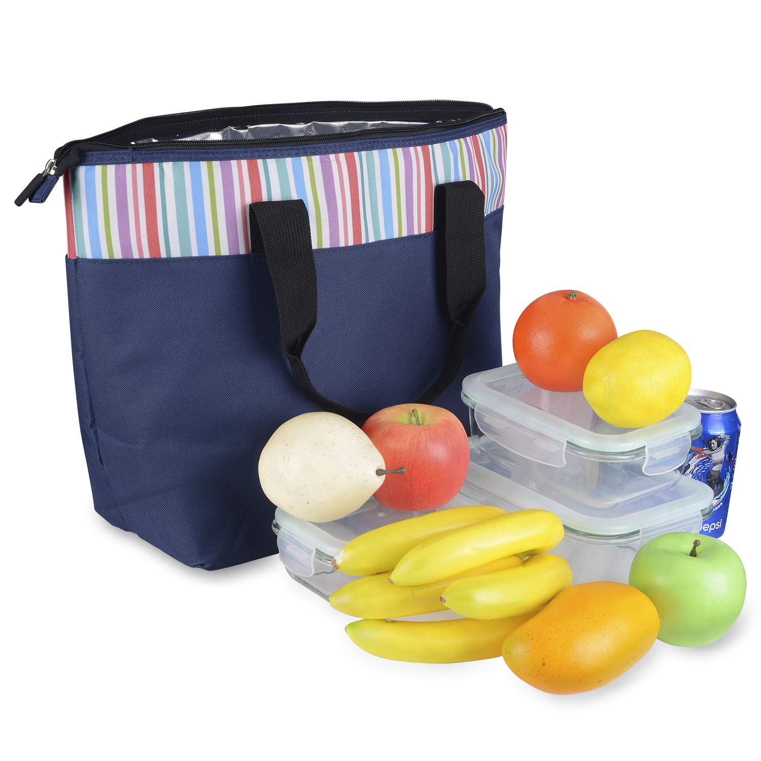 LEADO Insulated Lunch Box, Lunch Cooler Bag for Women Girls Reusable Large Capacity Lunch Tote Organizer Bag Handbag Meal Prep Thermal Bag, Striped Navy Blue