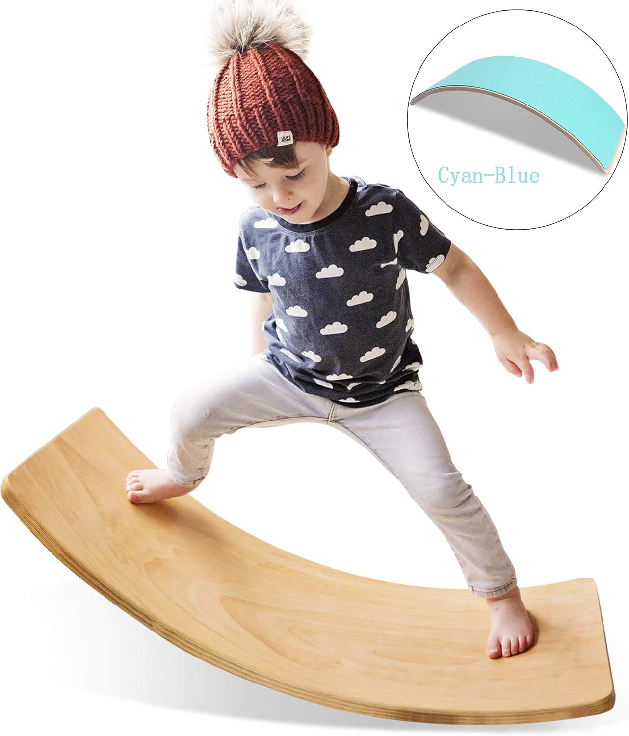 HAN-MM Wooden Wobble Balance Board Waldorf Toys Balance Board Kid Yoga Board Curvy Board - Wooden Rocker Board 35 Inch Kid Size (Natural): Toys & Games