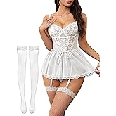 Foxiny Sexy Floral Lace Mesh Sheer Garter Babydoll Lingerie Dress Corset Outfit Set with Thong 3 Piece