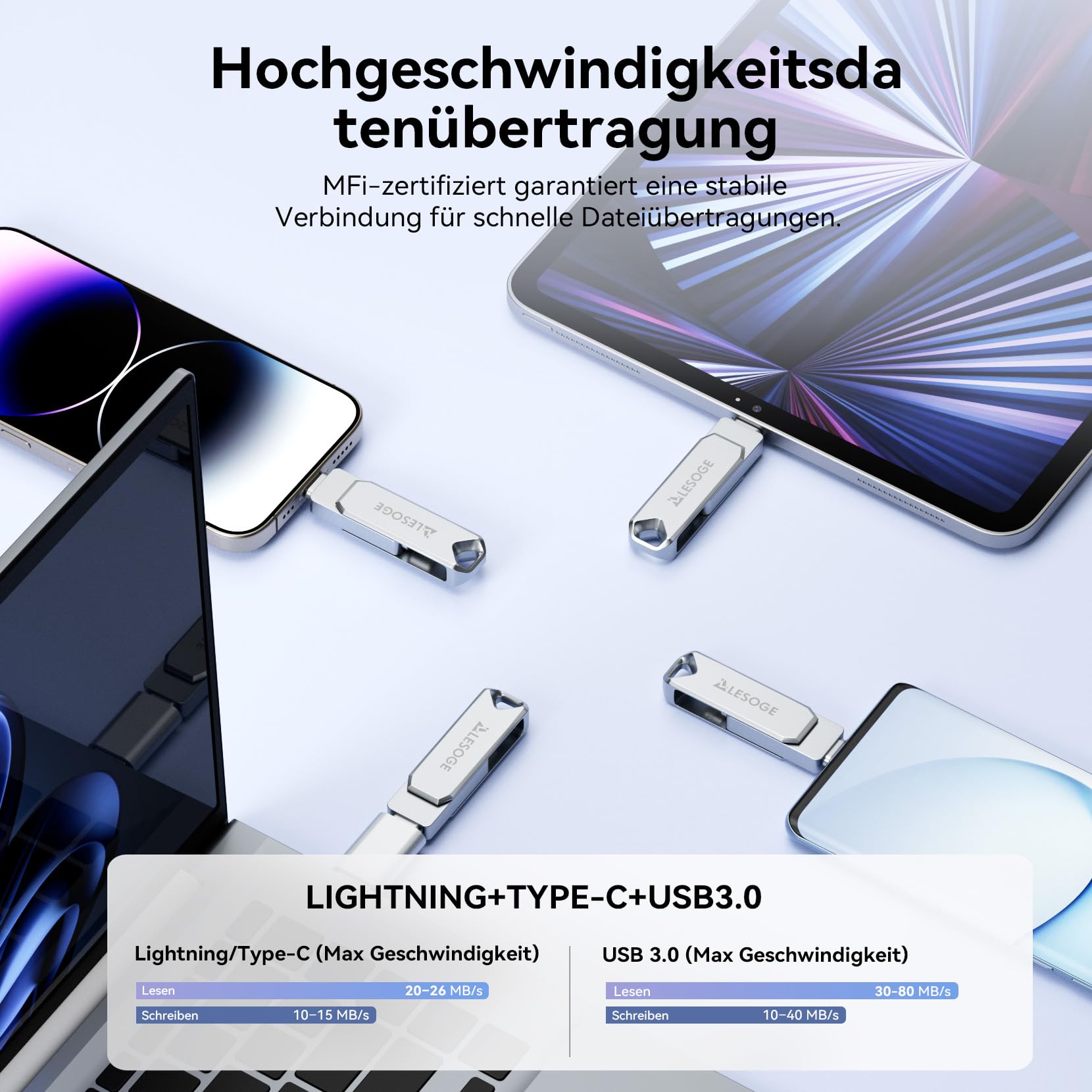 LESOGE MFi-Zertifizierter USB C Stick 128 GB,Mini USB Stick Handy Fotos Speichern,3 in 1 USB C und 3.0 Stick,Externer Speicher für Fotos und Videos,Photo Stick für iPhone/iPad/Android/PC/Mac (Silber) 4
