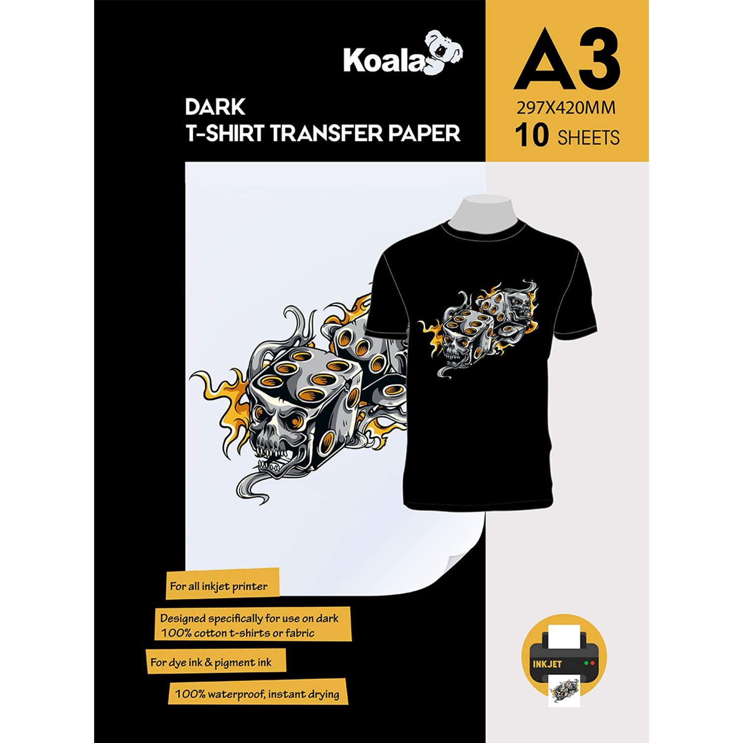 KOALA Premium Inkjet Iron On T Shirt Transfer Paper for Black and Dark Fabrics x 10 Sheets, A3. Vivid, Long-lasting Images. Easy to Use