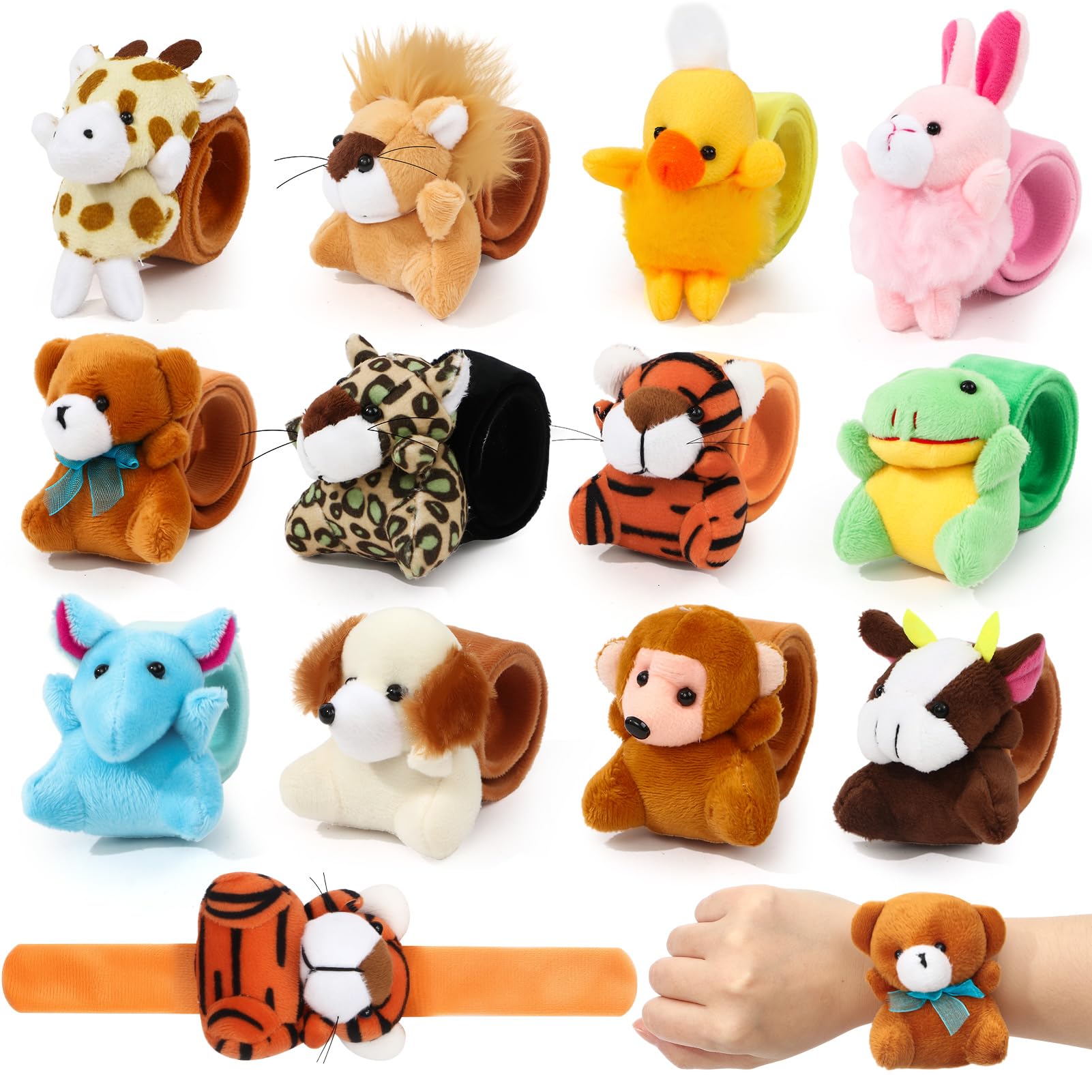 Tacobear 12pcs Stuffed Animal Slap Bracelets for Kids Party Bag Fillers, Plush Animal Slap Bands Wristbands for Boys Girls, Easter Birthday Gifts, Pinata Fillers, Christmas Stocking Fillers