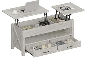 Seventable Coffee Table, 47.2" Lift Top Coffee Table with 2 Storage Drawers and Hidden Compartment, Retro Center Table with Wooden Lift Tabletop for Living Room, Gray