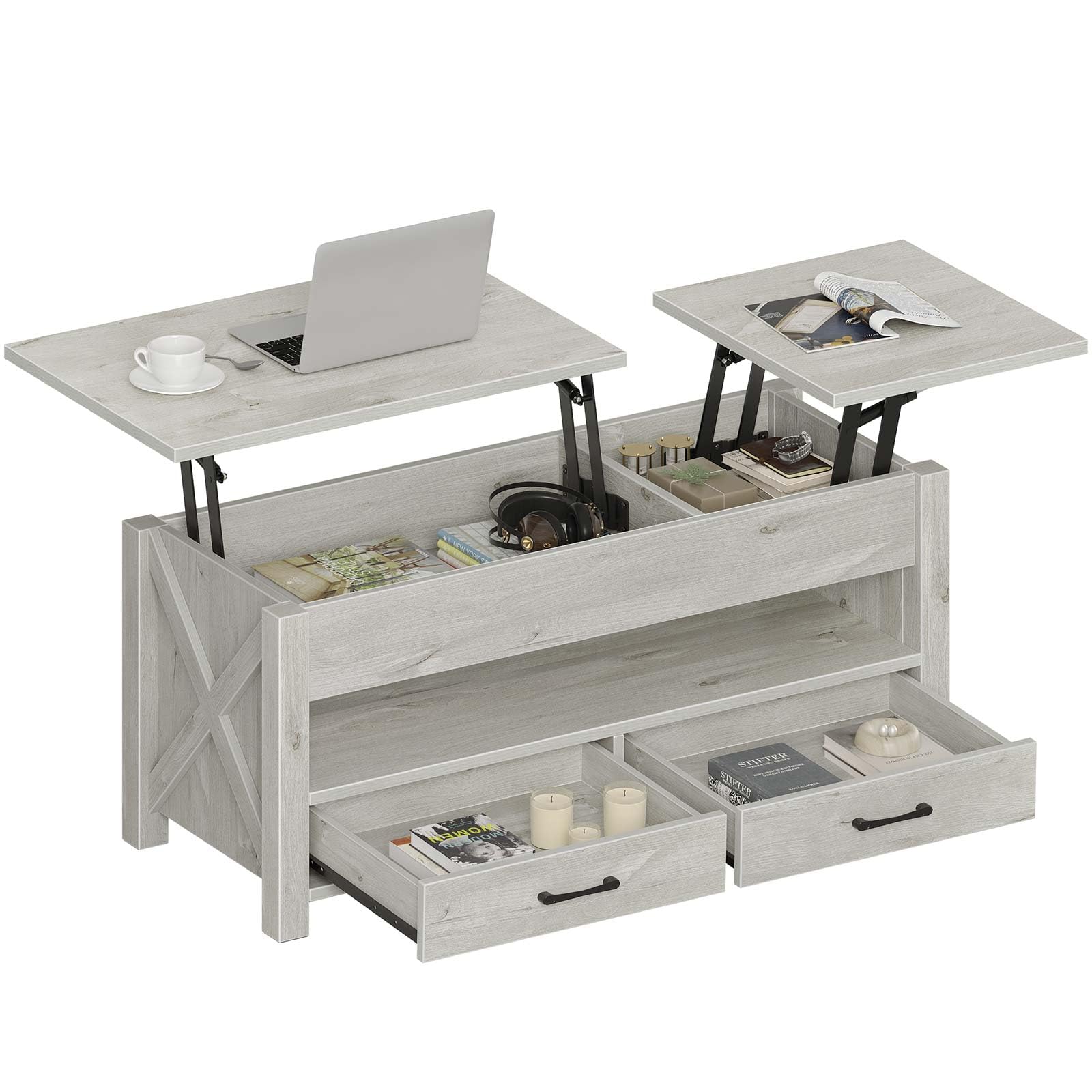 Seventable Coffee Table, 47.2" Lift Top Coffee Table with 2 Storage Drawers and Hidden Compartment, Retro Center Table with Wooden Lift Tabletop for Living Room, Gray Image