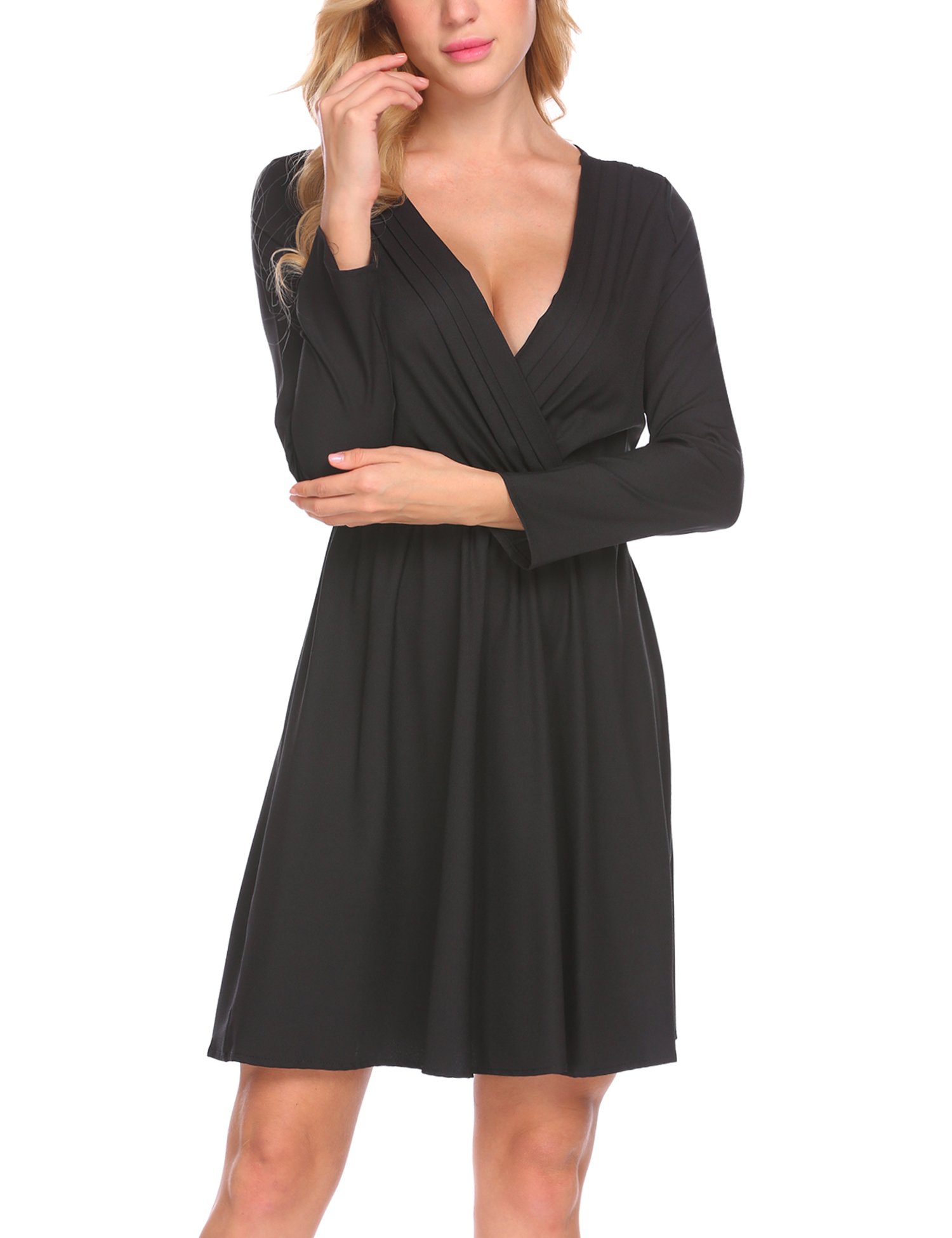 SE MIU Women Casual V Neck Long Sleeve Solid Waist Ruched Pleated Mini Dress,Medium,Black