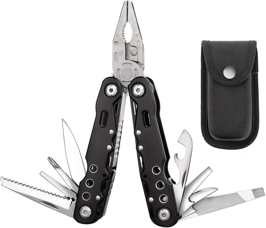 Multi Tool, Wonton 15-in-1 Multi Plier with Knife Survival Portable Stainless Steel Folding Multipurpose for Camping Fishing Hiking Hunting with Carry Case,Black