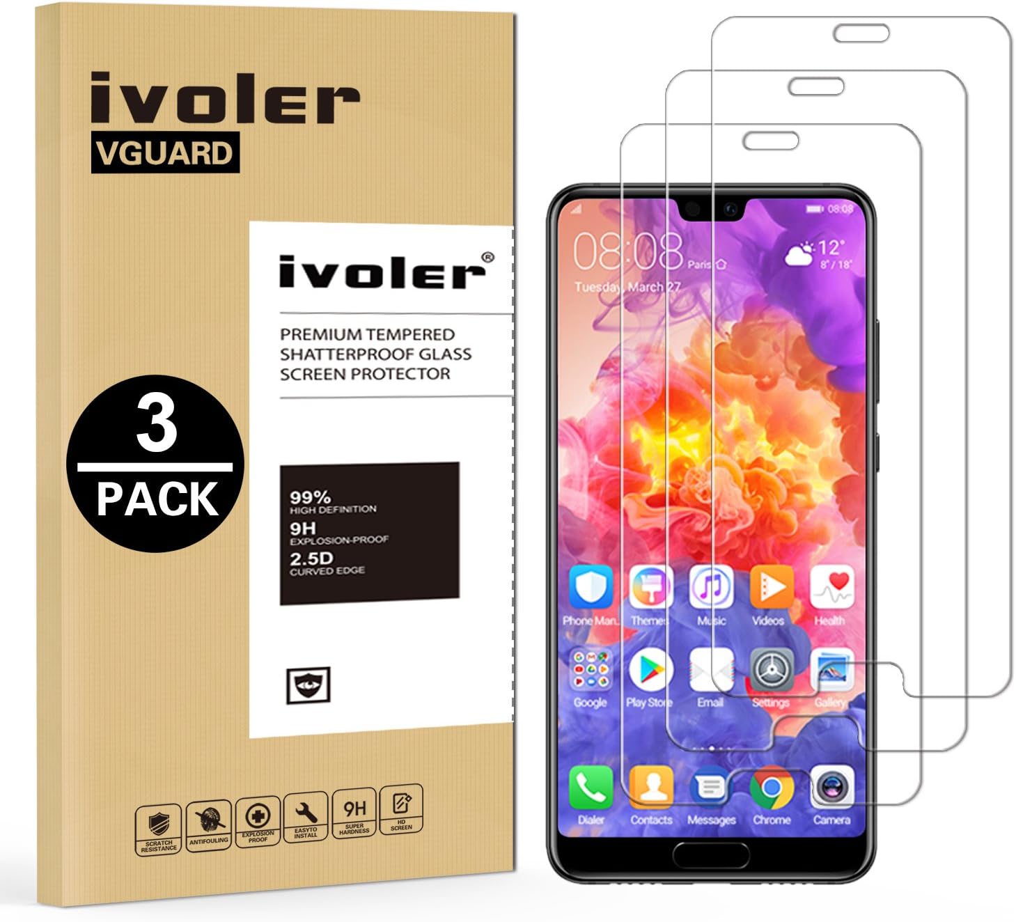 ivoler Compatible with Screen Protector Huawei P20 Pro, [3 Pack] Tempered Glass Film [9H Hardness] [Anti-Scratch] [Crystal Clear]