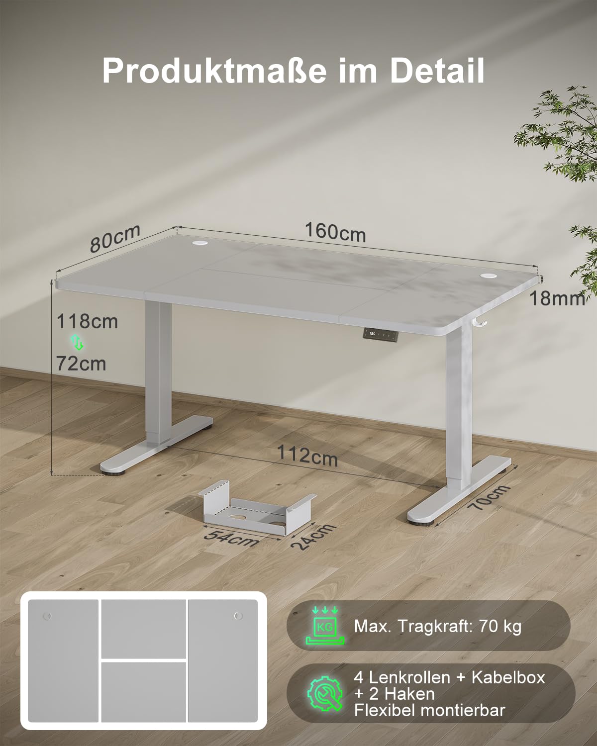 Devoko Höhenverstellbarer Schreibtisch 160x80cm mit Typ-C Ladeanschluss, Schreibtisch Höhenverstellbar Elektrisch, Mobiler Elektrisch Computertisch mit Kabel Management Tray, Grau 5