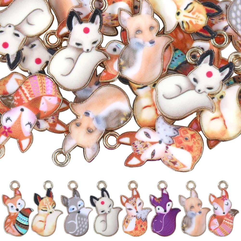 SUNNYCLUE 1 BOX 48Pcs 8 Stlyes Fox Charms Cute Animal Charm Bulk Enamel Alloy Lovely Wild Lucky Small Forest Animals Charms for jewellery Making Charms Necklace Bracelet Keychain Crafting Beginners