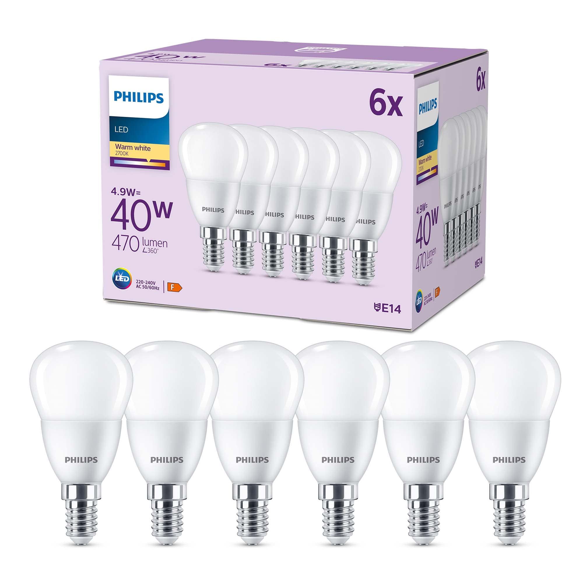 Philips LED Frosted P45 Golf Ball Light Bulb 6 Pack [Warm White 2700K - E14 Small Edison Screw] 40W, Non Dimmable. For Home Indoor Lighting