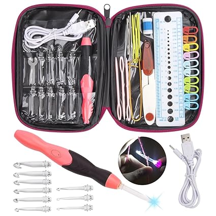 Feelava LED Leuchten Häkelnadeln Set, Beleuchtete Häkelnadel mit Organizer Case & Wiederaufladbare Batterien, 9 Austauschbare