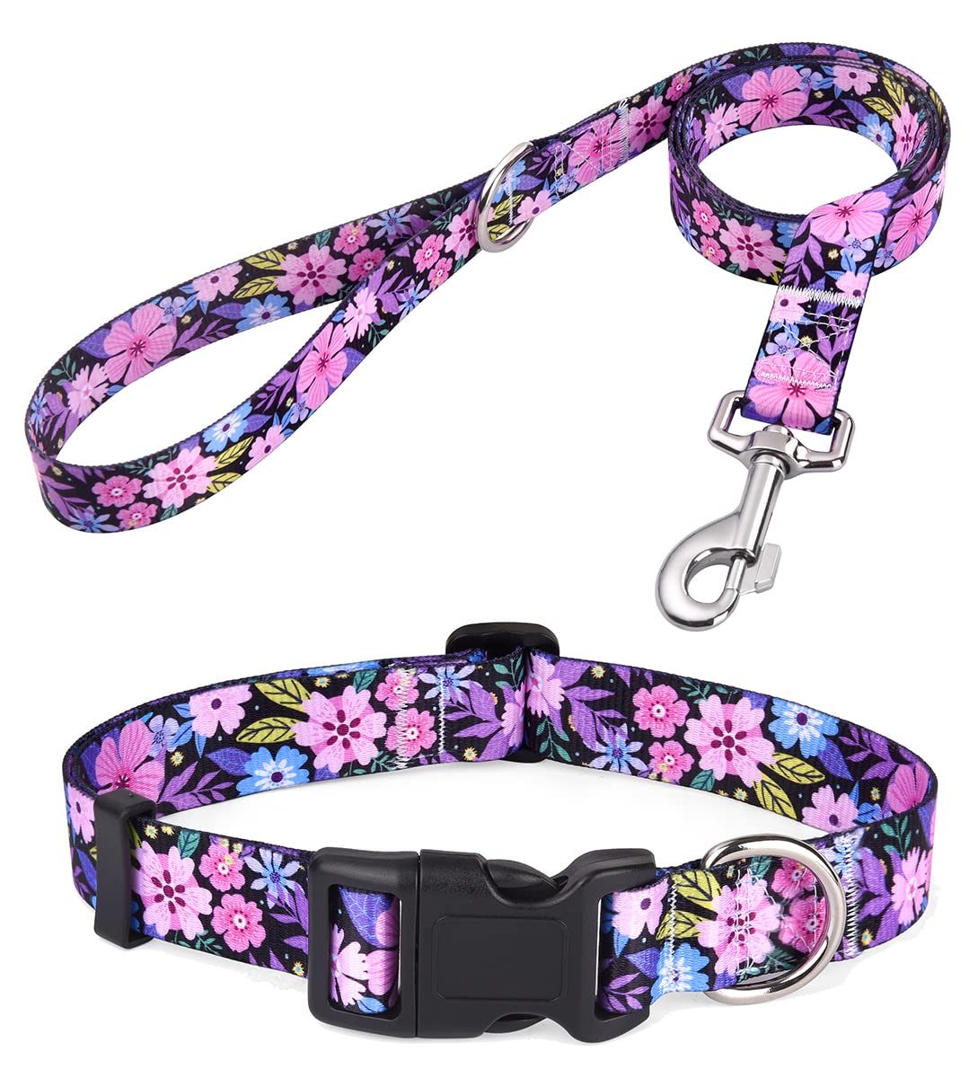 Mihqy Dog Collar and Lead Set with Bohemia Floral Tribal Geometric Patterns - Soft Ethnic Style Collar Adjustable for Small Medium Large Dogs(Pink Floral Set,L) — image 1