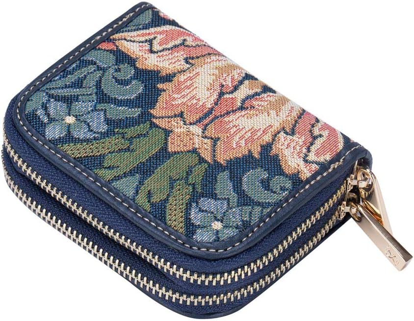 Signare Tapestry Double Zip RFID-Blocking Credit Card Holder Wallet for Women with Floral Design (Strawberry Thief Blue)