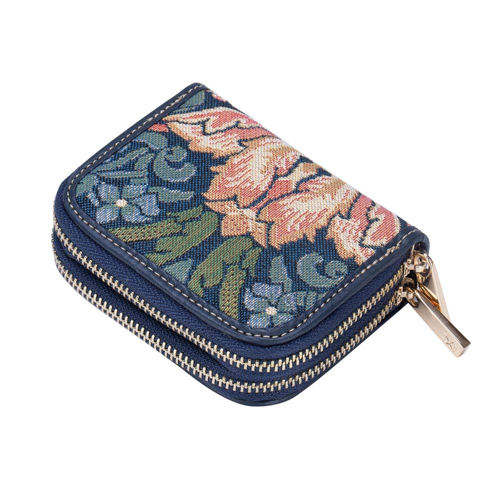Signare Tapestry Double Zip RFID-Blocking Credit Card Holder Wallet for Women with Floral Design (Strawberry Thief Blue)