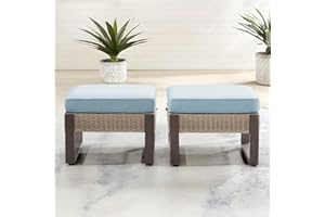 Gardenbee 2 Pieces Outdoor Patio Ottoman, All-Weather PE Rattan Ottomans Footstools with Removable Cushions & Anti-Rust Steel Frame Legs for Garden Backyard Porch Deck, Light Blue