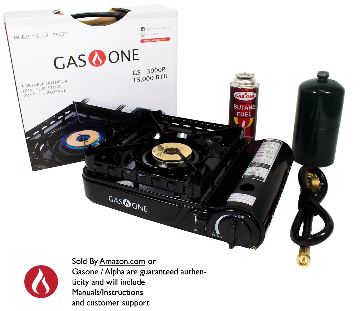 Gas ONE GS3900P Dual Fuel Propane or Butane Portable Stove with Brass