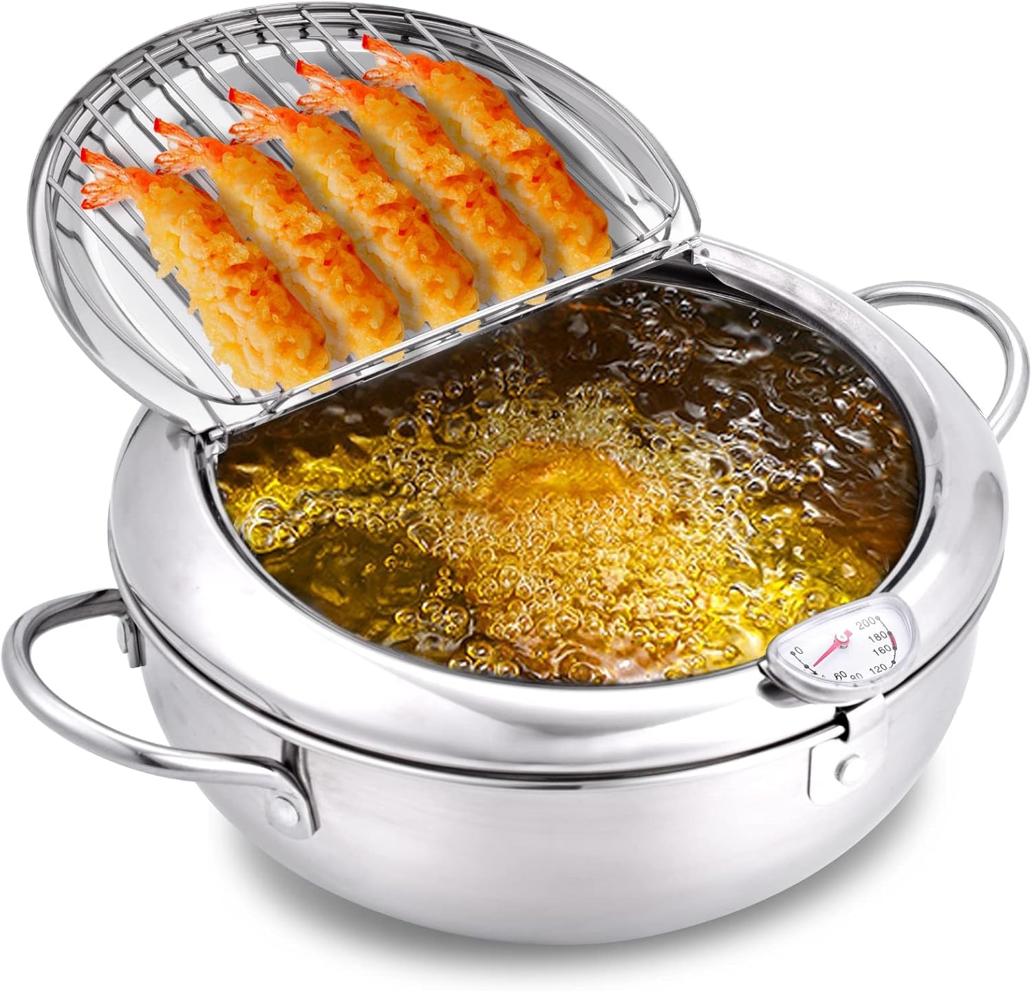 Photo 1 of cuomaop Deep Fryer Pot, 304 Stainless Steel Japanese Frying Pot with Oil Drain, Temperature Control and Lid, Tempura Deep Fryer Pot for Kitchen Stove/Induction Cooker French Fries Fryer Chicken 9.4"