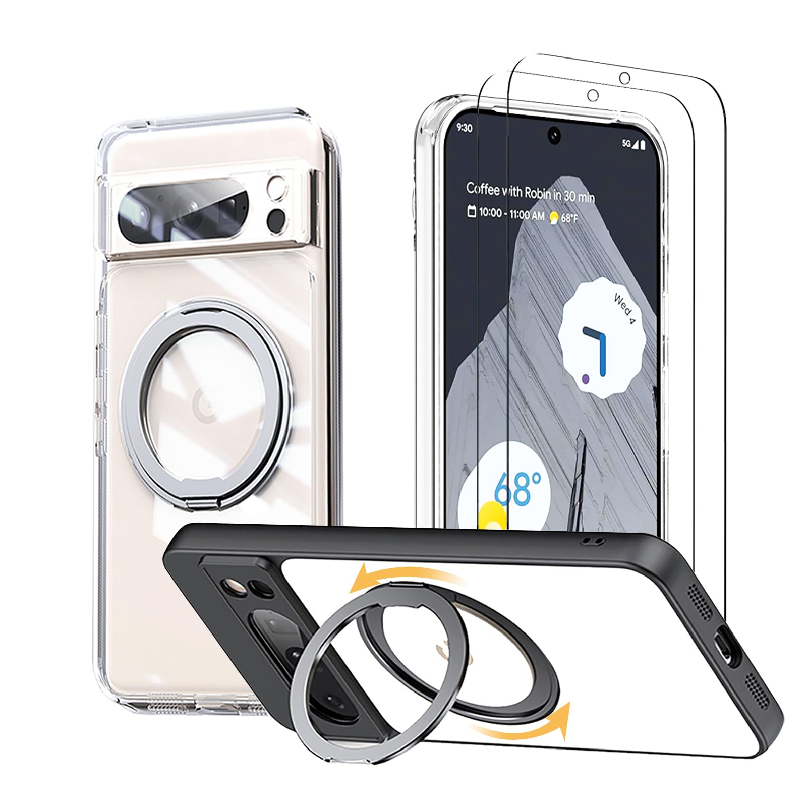 Photo 1 of HCXLYP Magnetic Stand Case for Google Pixel 8 [with 2 Tempered Glass Film] [360° Rotation Magnetic Stand] [Compatible with Magsafe] Military-Grade Drop Protection Case, Clear