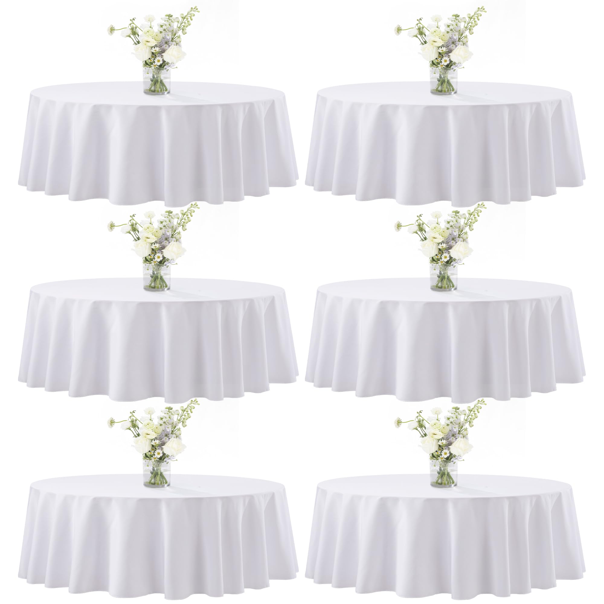 Photo 1 of joybest 6 Pack Round Tablecloths - 60 Inches in Diameter White Table Cloth Fit 20 to 38 Inches Tables, Washable Polyester Fabric Table Cover for Dining, Buffet Party, Wedding