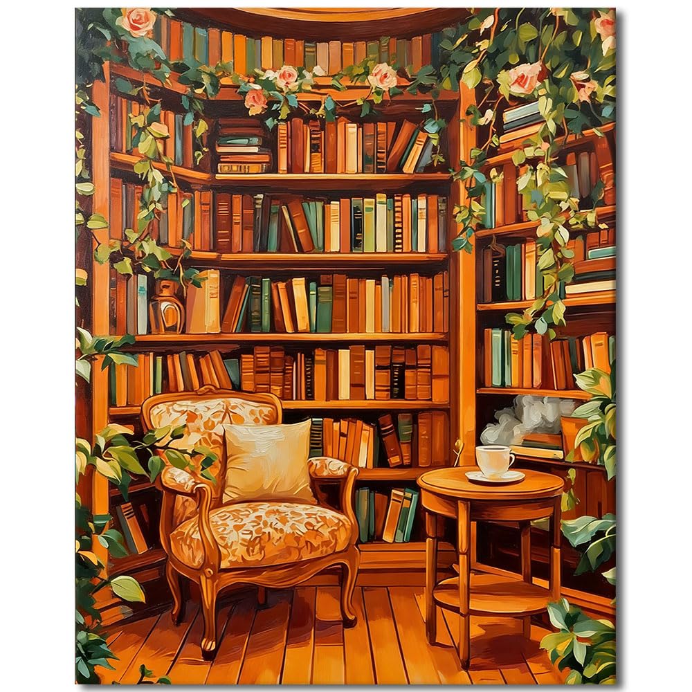 TISHIRON Paint by Numbers Kit for Adults, Adult Paint by Number - Bookshelf with Books and Plants, Color by Number Canvas Art for Home Office Decor(16x20 Inch) — image 1
