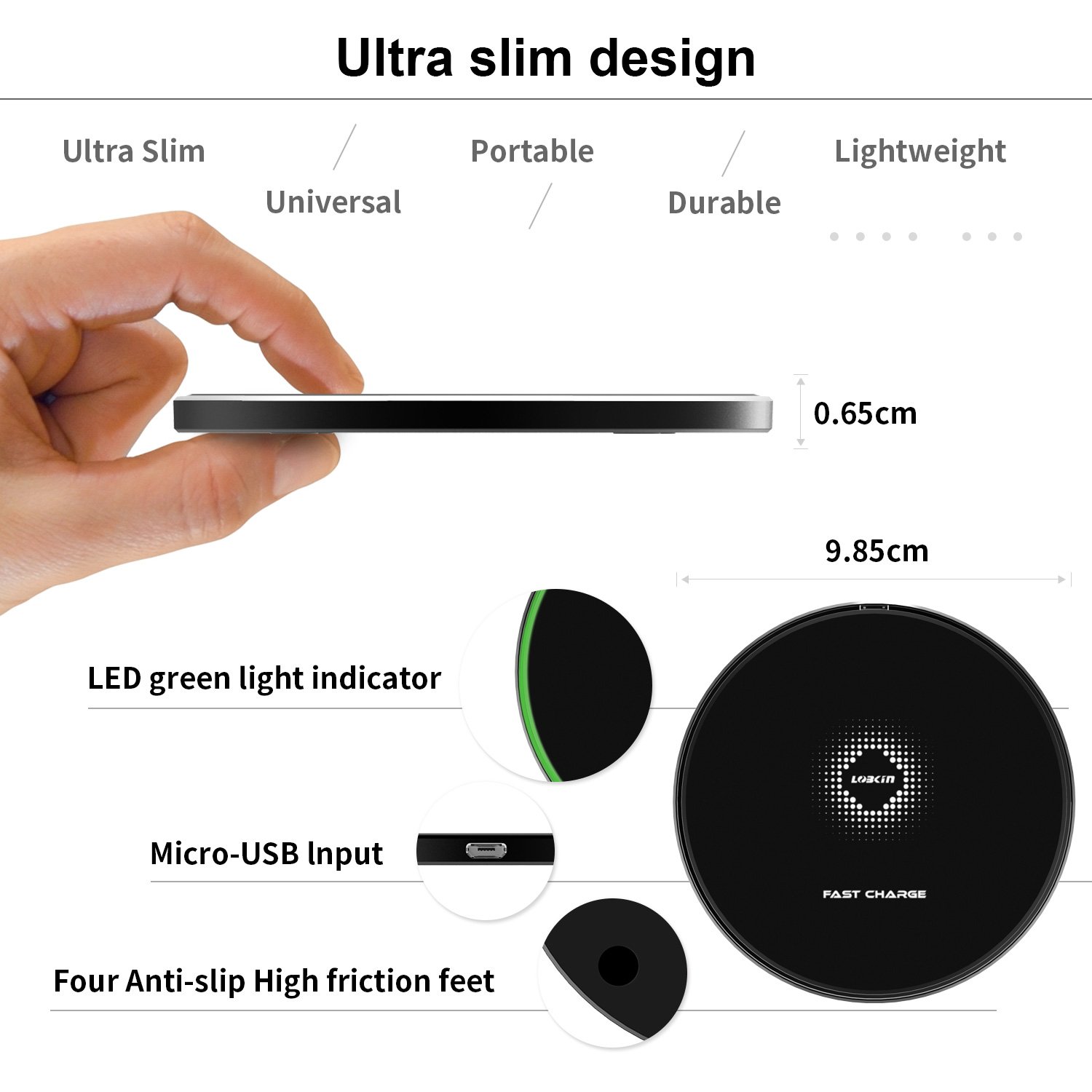 Fast Wireless Charger, LOBKIN Ultra Slim Qi Wireless Charger QC 3.0 Quick Charge Portable Charging Pad for iPhone X, iPhone 8/8 Plus, Samsung Galaxy S9/S9 Plus/Note 8/S8/S8 Plus (Black)