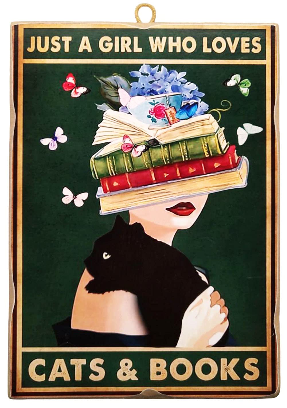 KUSTOM ART Vintage Style Picture "Just a Girl Who Loves Cats & Books" Collectible Wood Print