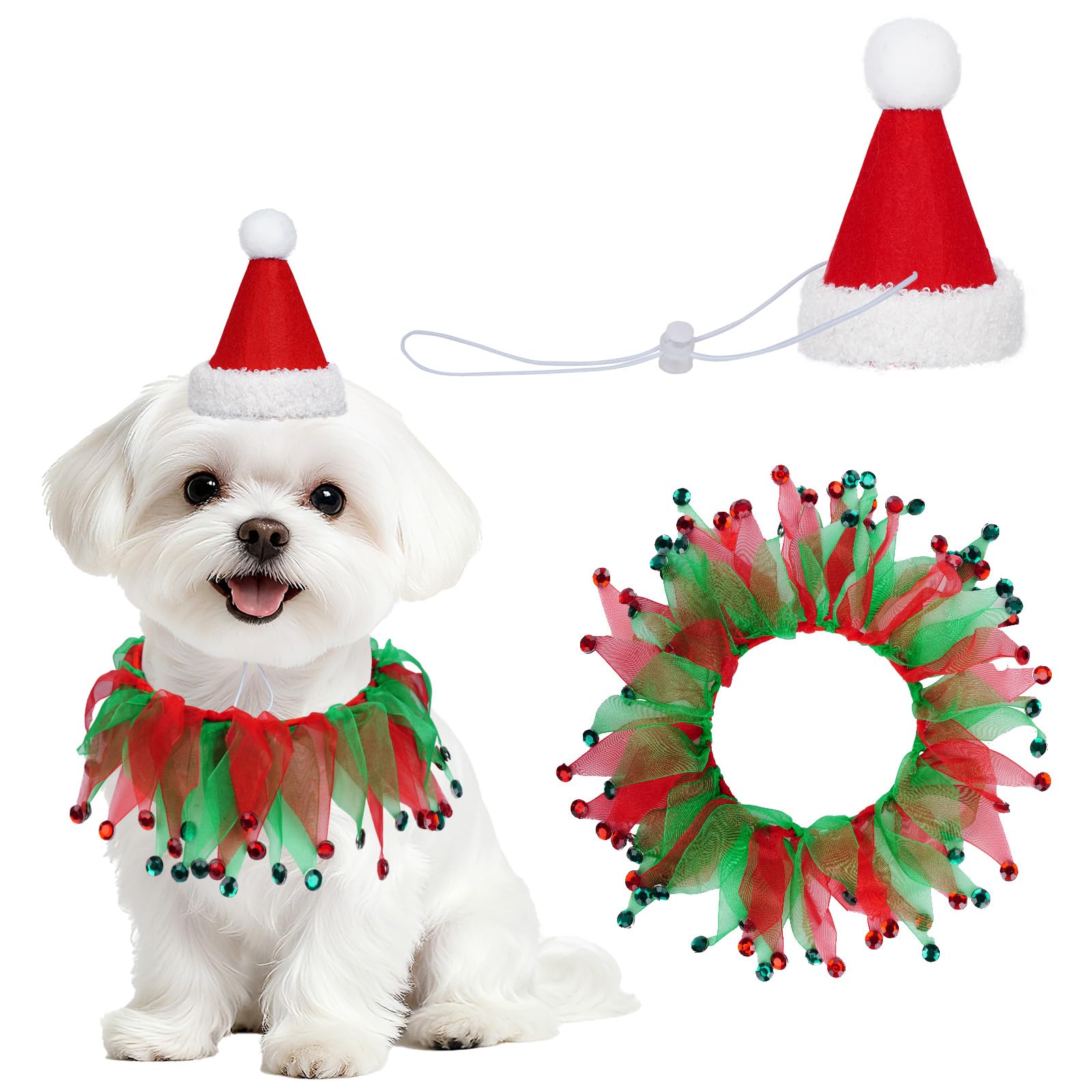 Photo 1 of 2Pcs Dog Santa Hat and Tutu Collar Set, Pet Cat & Small Dog Christmas Outfit Costume for Xmas Holiday Birthday Party