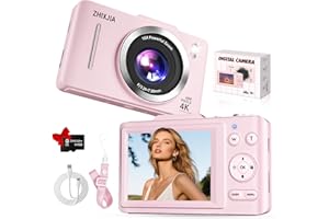 ZHIXJIA Digital Camera, Autofocus 4K Vlogging Camera for Photography with 128GB Card, 48MP Portable Compact Point and Shoot Digital Camera for Teens Adult Beginner with 16X Zoom, Anti-Shake,(Pink)