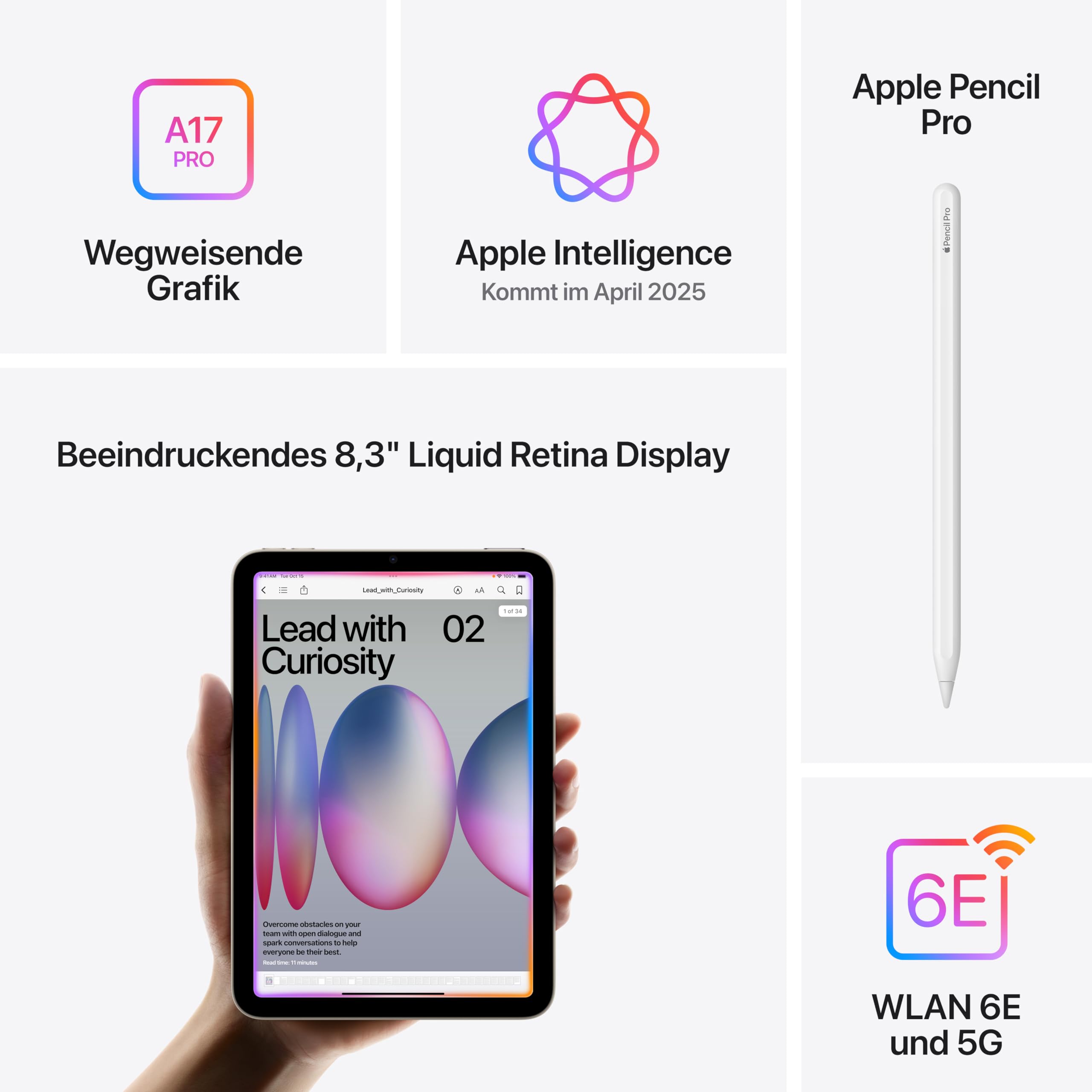 Apple iPad mini (A17 Pro): 8,3'' Liquid Retina Display, 512 GB, WLAN 6E und 5G Mobilfunk, 12 MP Front /12 MP Rückkamera, Touch ID, Batterie für den ganzen Tag – Blau 4