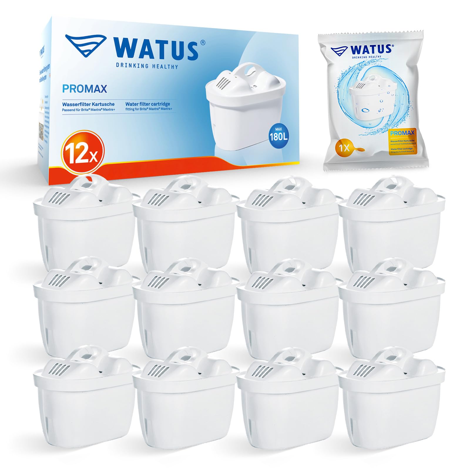 Watus Water Filter Cartridges, for Brita Water Filter Cartridges, Brita Maxtra Pro, Plus, Reduces Lead, Chlorine, Heavy Metals and Limescale in Water (12 Pack)
