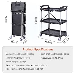 VEVOR Foldable Utility Service Cart, 165LBS 3 Shelf