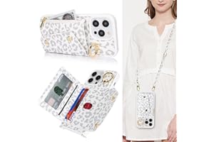 Lipvina for iPhone 15 Pro Case with Card Holder and Strap - Zipper Pocket,Crossbody Lanyard Strap,Credit Card Holder,Stand Ring,Cute Phone Wallet Case for Women(White Leopard,6.1 Inch)