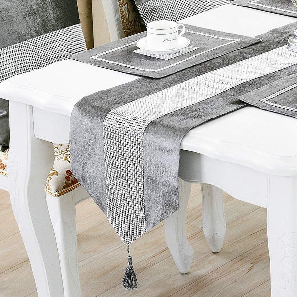 HeMiaor 13x72inch Rhinestones Table Runner Sequined Rhinestone Table Covers, Elegant Table Decoration for Wedding Thanksgiving Christmas with Diamante Strip and Tassels, Grey