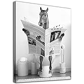 Fun Horse Bathroom Canvas Wall Art - Black & White Horse Sitting on Toilet Reading Newspaper - 12