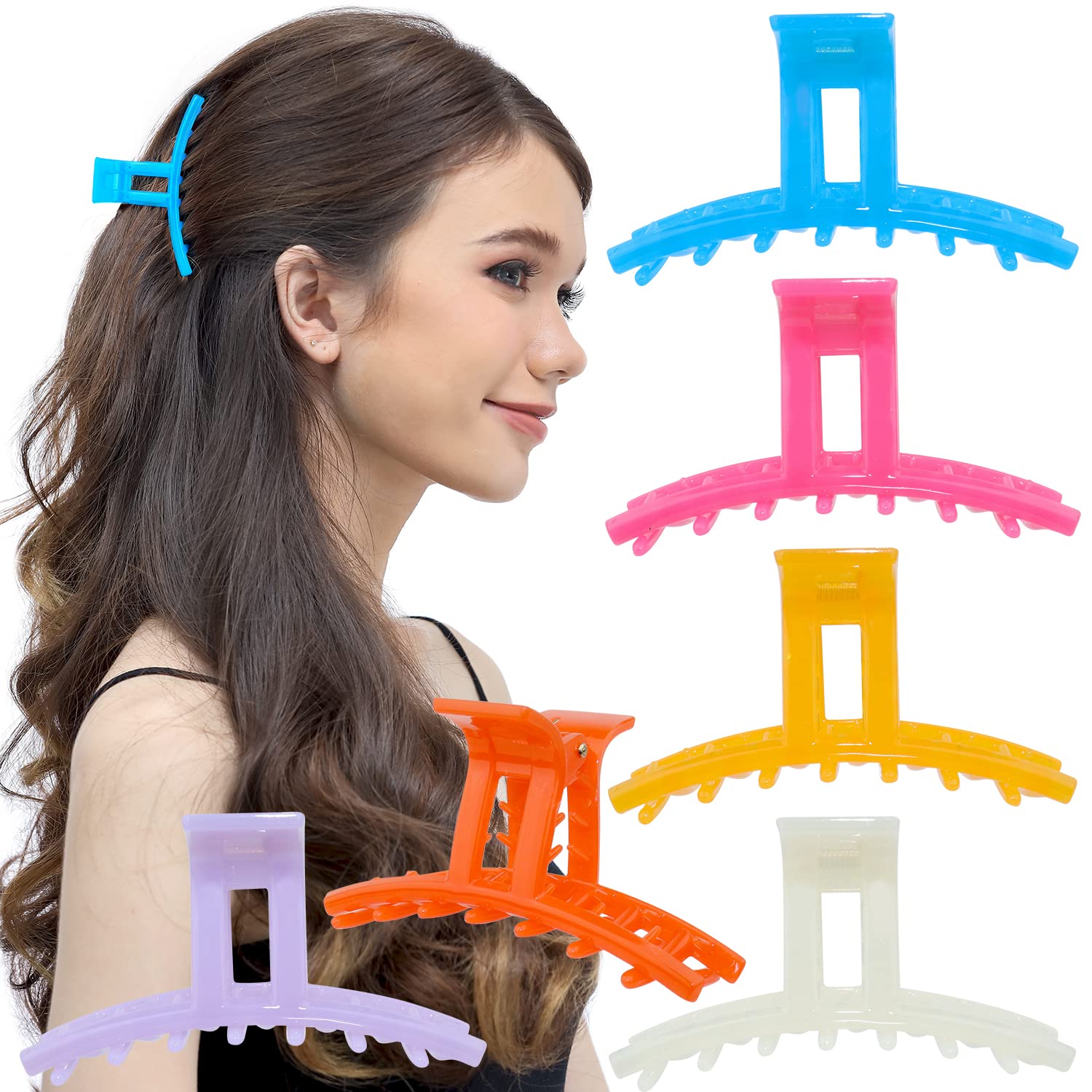 RC ROCHE ORNAMENT 6 Pcs Womens Strong Hold Claw Thick Hair Clip No Slip Grip Strong Spring Teeth Claw Jaw Clamp Beauty Fashion Ladies Classic Plastic Clips, Medium Jelly Candy Multicolor