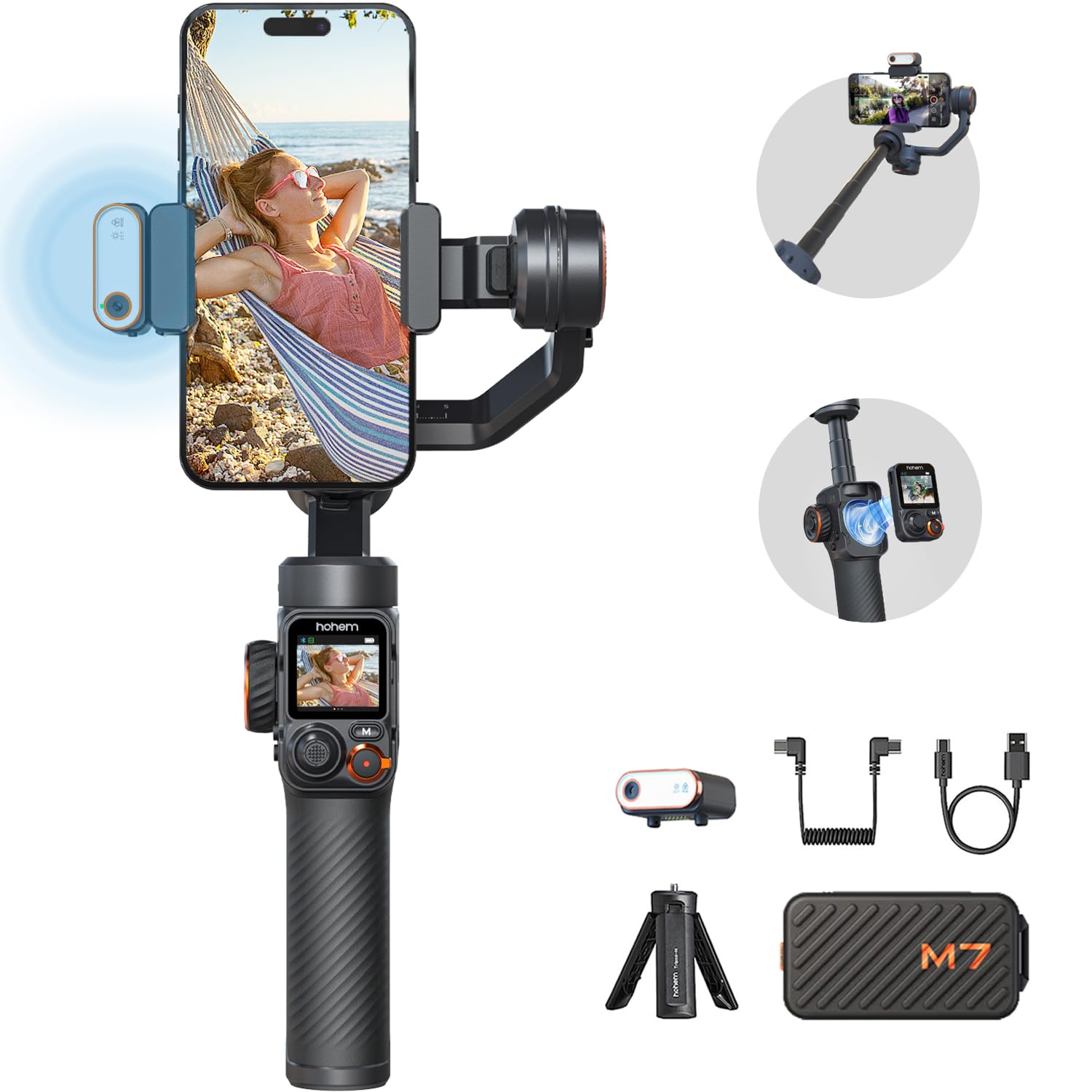 Photo 1 of Hohem iSteady M7 Gimbal Stabilizer for Smartphone, Magnetic AI Tracker Fill Light, Detachable Touchscreen Remote Controller, Built-in Extension Rod, 500g Payload Gimbal Stabilizer for iPhone Android