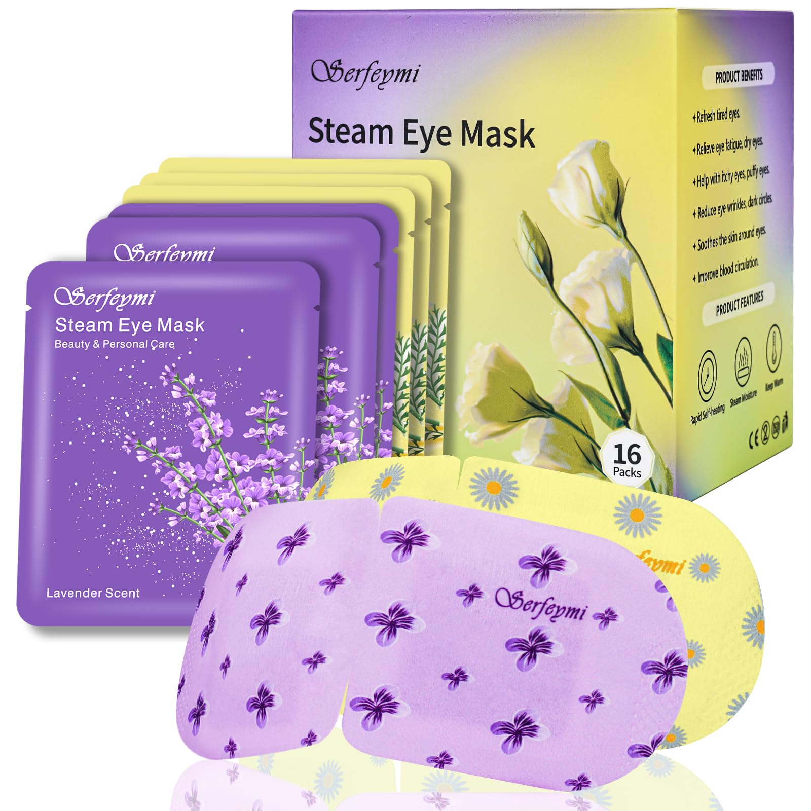 Serfeymi Self Heating Steam Eye Mask 16 PCS- Disposable Sleep Warming Eye Mask for Puffy, Dry Eyes, Moist Hot Warm Eye Compress, Relief Eyes Fatigue 2 Scents Mixed