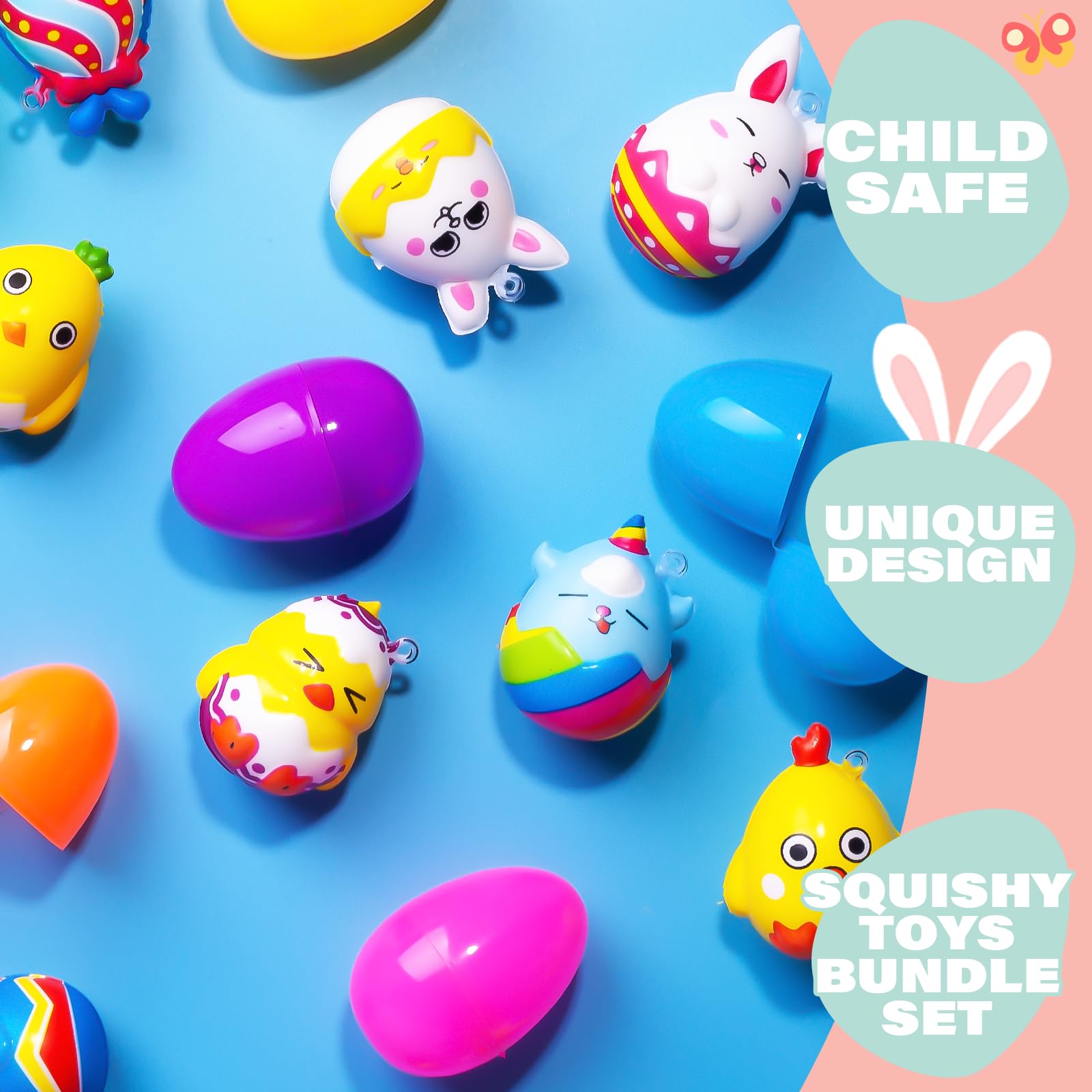 Exun 12 Pack Easter Eggs Filled with Squishy Toy - Mini Squishies Eggs Bunny Toys Inside for Easter Eggs Hunt, Easter Basket Stuffers/Fillers, Filling Treats, Party Favor, Classroom Prize Supplies