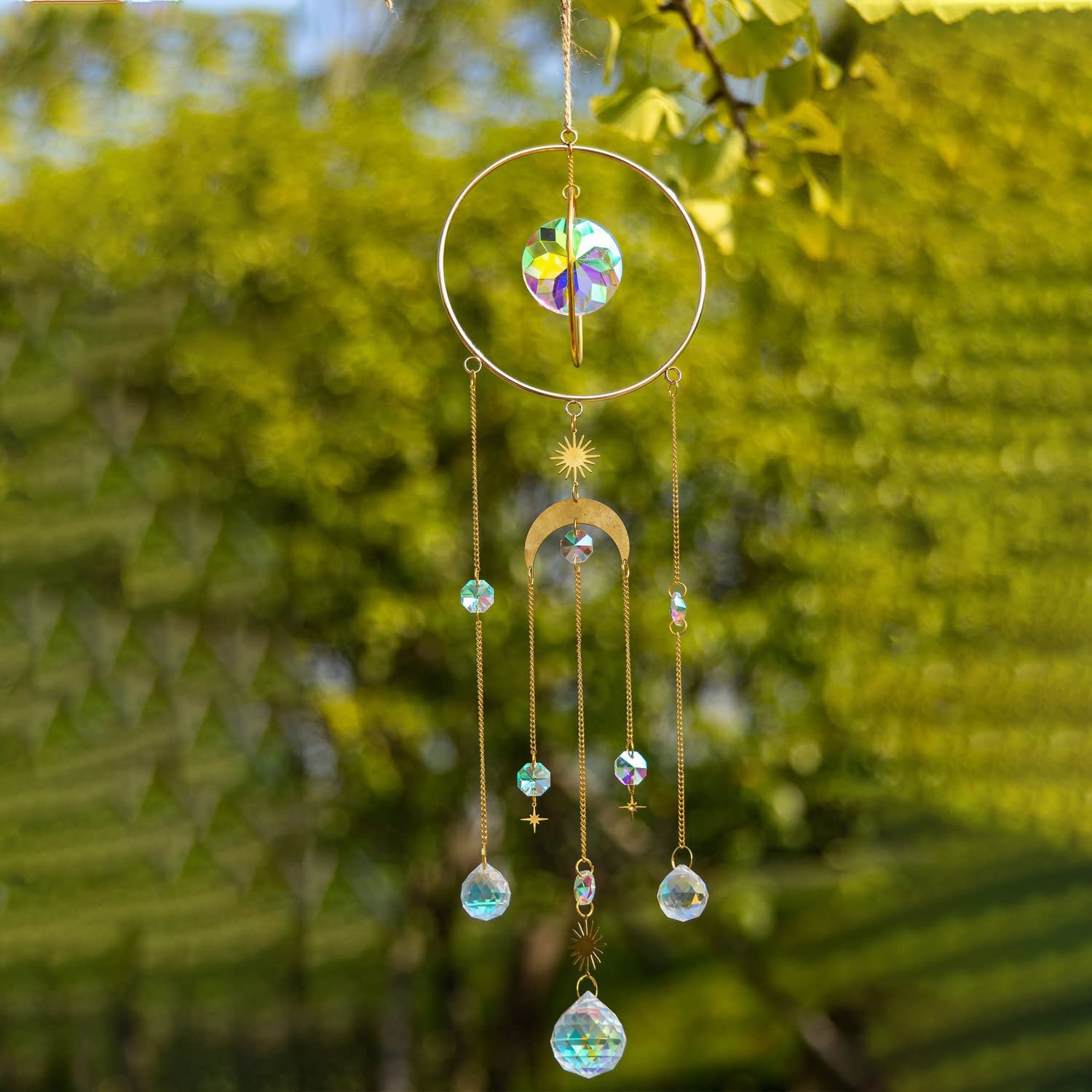 Sun Catcher Crystal Wind Chime, Crystal Pendant, Gold Moon, Star, Rainbow, Tyres, Aesthetic Crystals Pendant, Window Decoration, Ornament, Crystal Ball, Hanging for Room, Ceilings, Garden Decoration