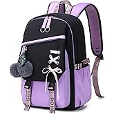FENGDONG Teenage Girls Bookbag School Backpack Children Casual Daypack Schoolbag for Teens Black Purple