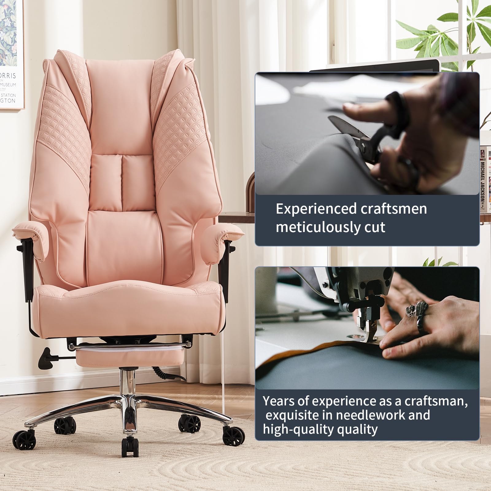 EXCEBET Big and Tall Office Chair 400lbs Wide Seat, Leather High Back Executive Office Chair with Foot Rest, Ergonomic Office Chair Lumbar Support for Lower Back Pain Relief (Light Pink) - Image 7