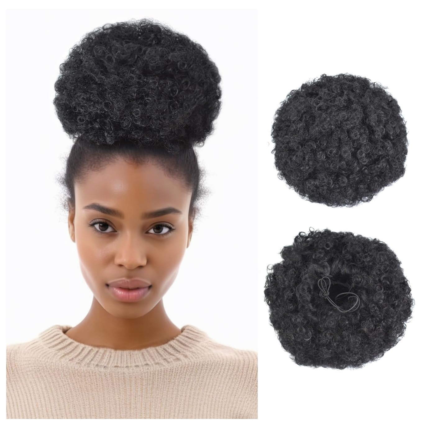Afro Puff Drawstring Ponytail with Two Clips for Black Women Synthetic Curly Ponytail Bun Extension Hairpieces Updo Hair Extensions (X-Large,1B#)